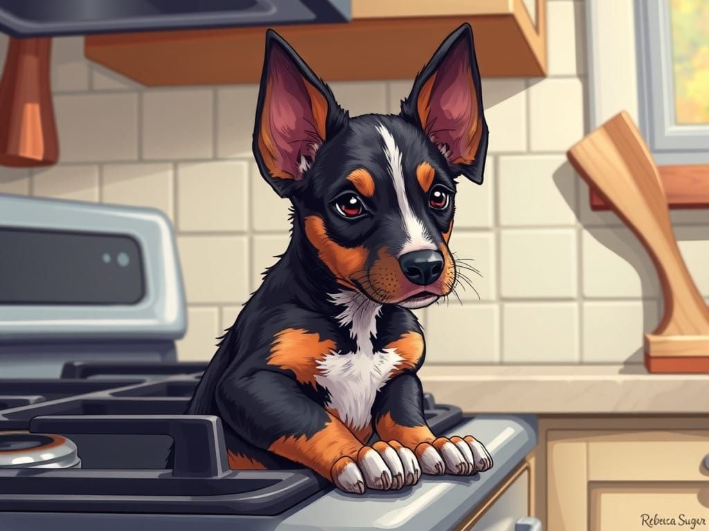 Catahoula Cub Barks at a Vibrant Kitchen Scene in Realistic...