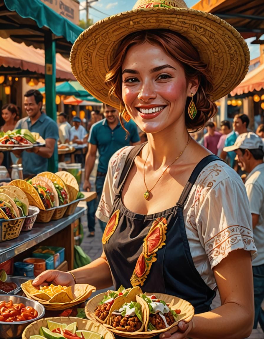 Smiling Woman Buying Tacos: Art Nouveau Digital Portrait