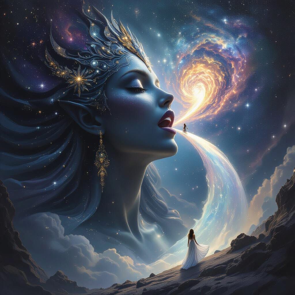 Giant Goddess Holding Tiny Elf on Tongue in Cosmic Scene