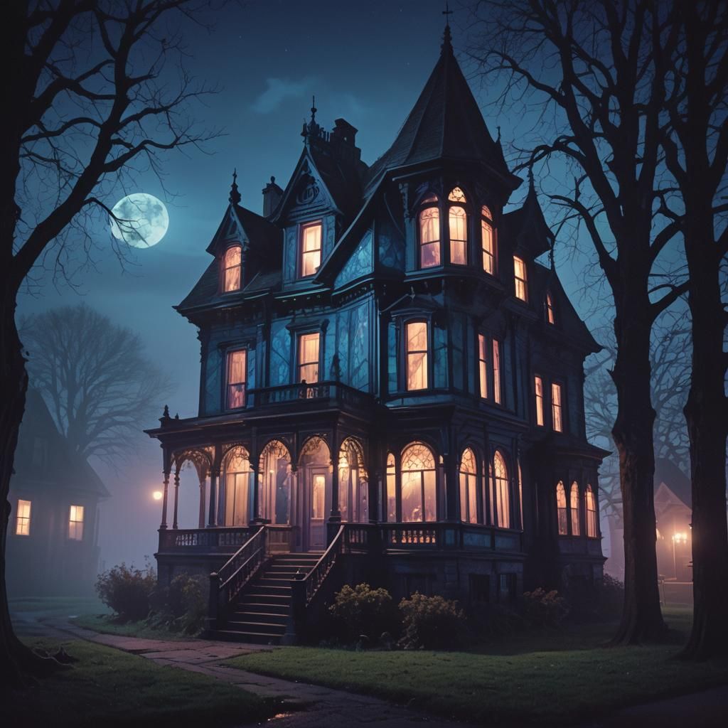 Creepy Victorian House at Night in Film Noir Style