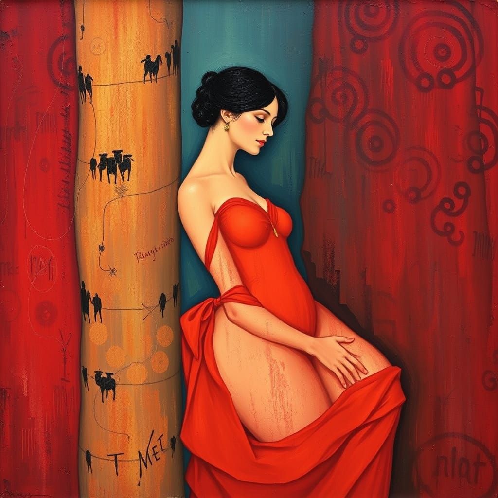Woman in Red Dress: A Gustav Klimt-Inspired Portrait