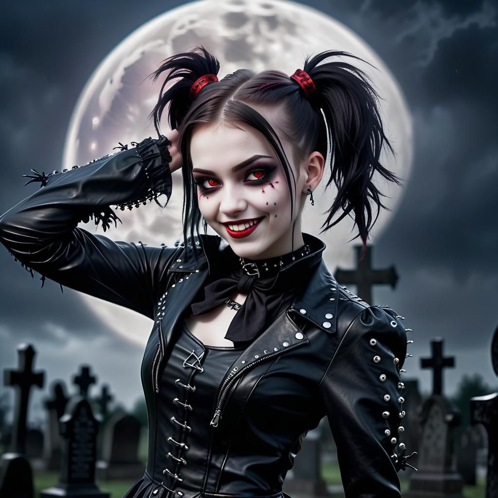 Punk Vampire Dances in Gothic Cemetery: Photo
