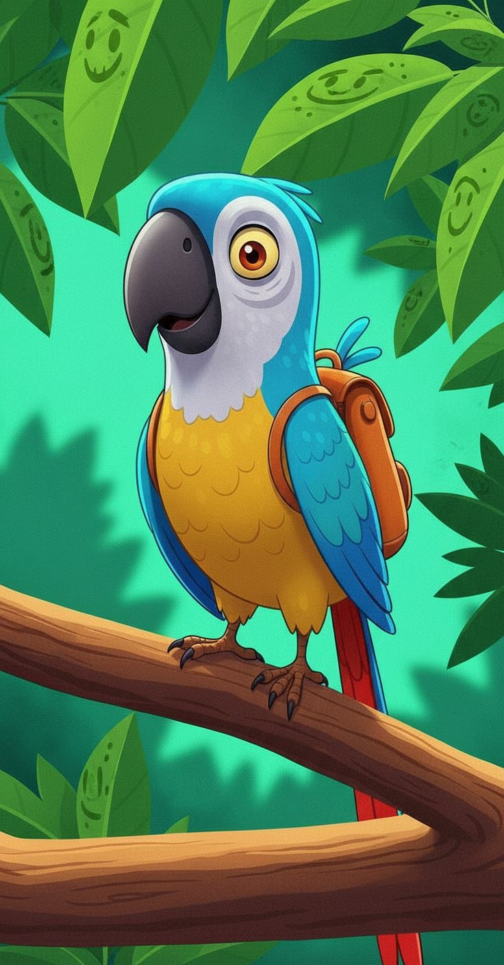 Whimsical Cartoon Parrot with Backpack on Tree Branch