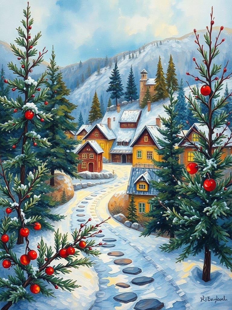 Winter Village with Junipers: Impressionist Art