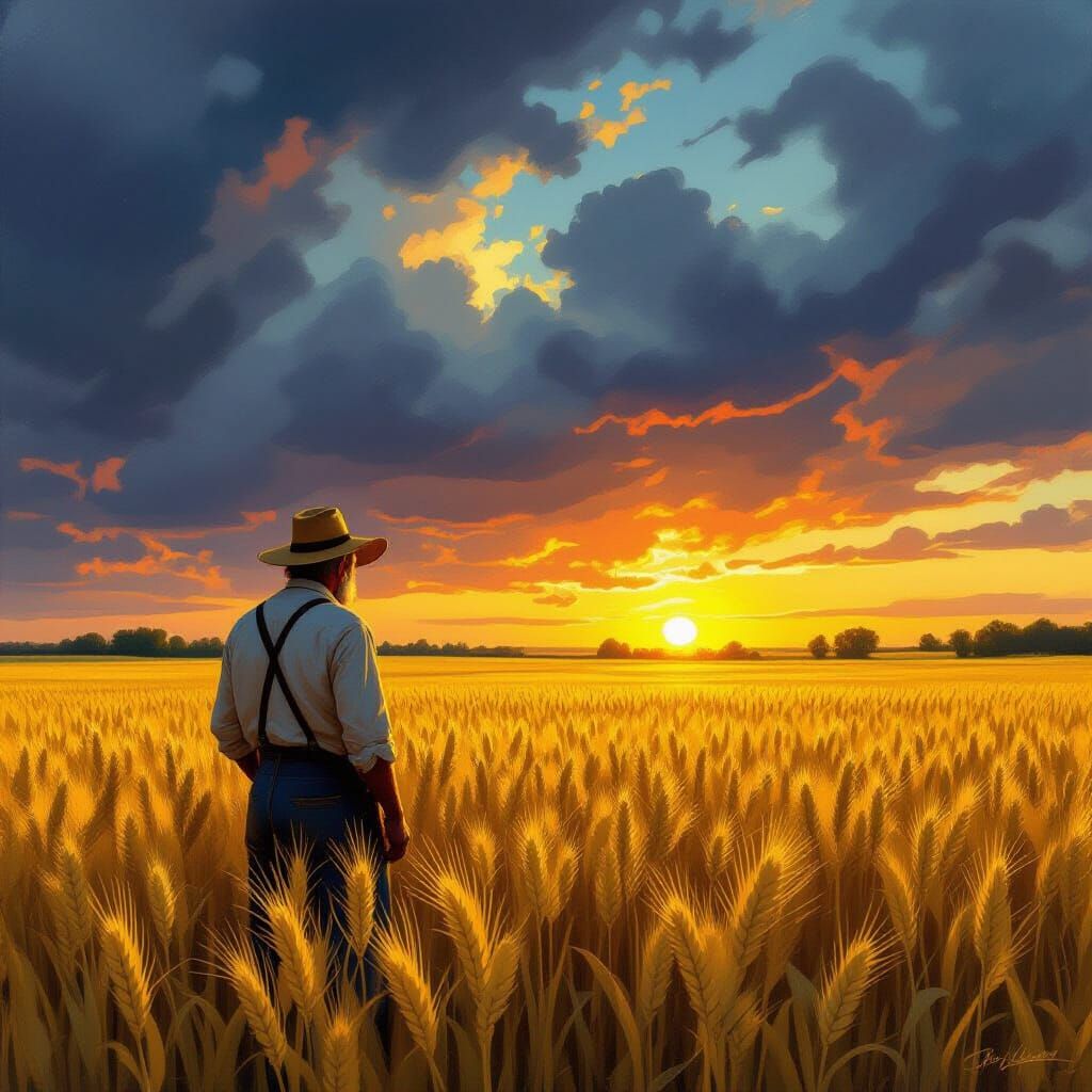 Farmer in Golden Wheat Field Under Stormy Sky