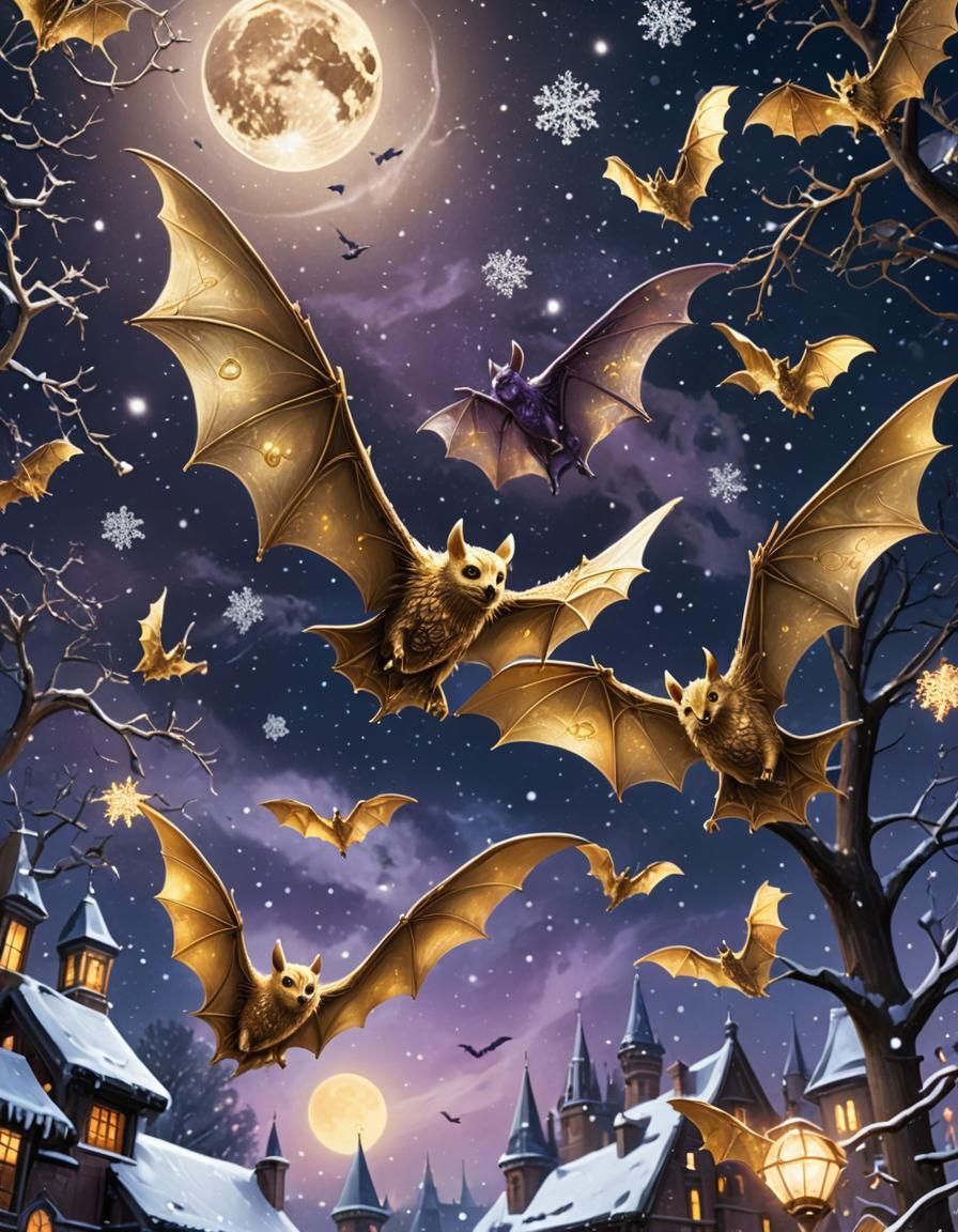 Golden Bats Clash in Snowy Night Sky