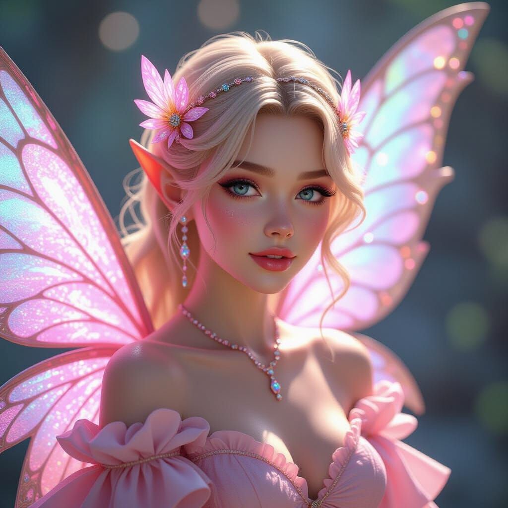 Blonde Fairy Portrait with Iridescent Wings