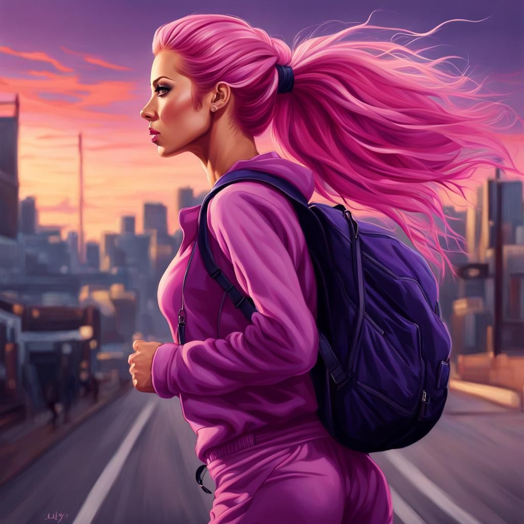 Woman with Pink Hair Jogging in Purple Jumpsuit