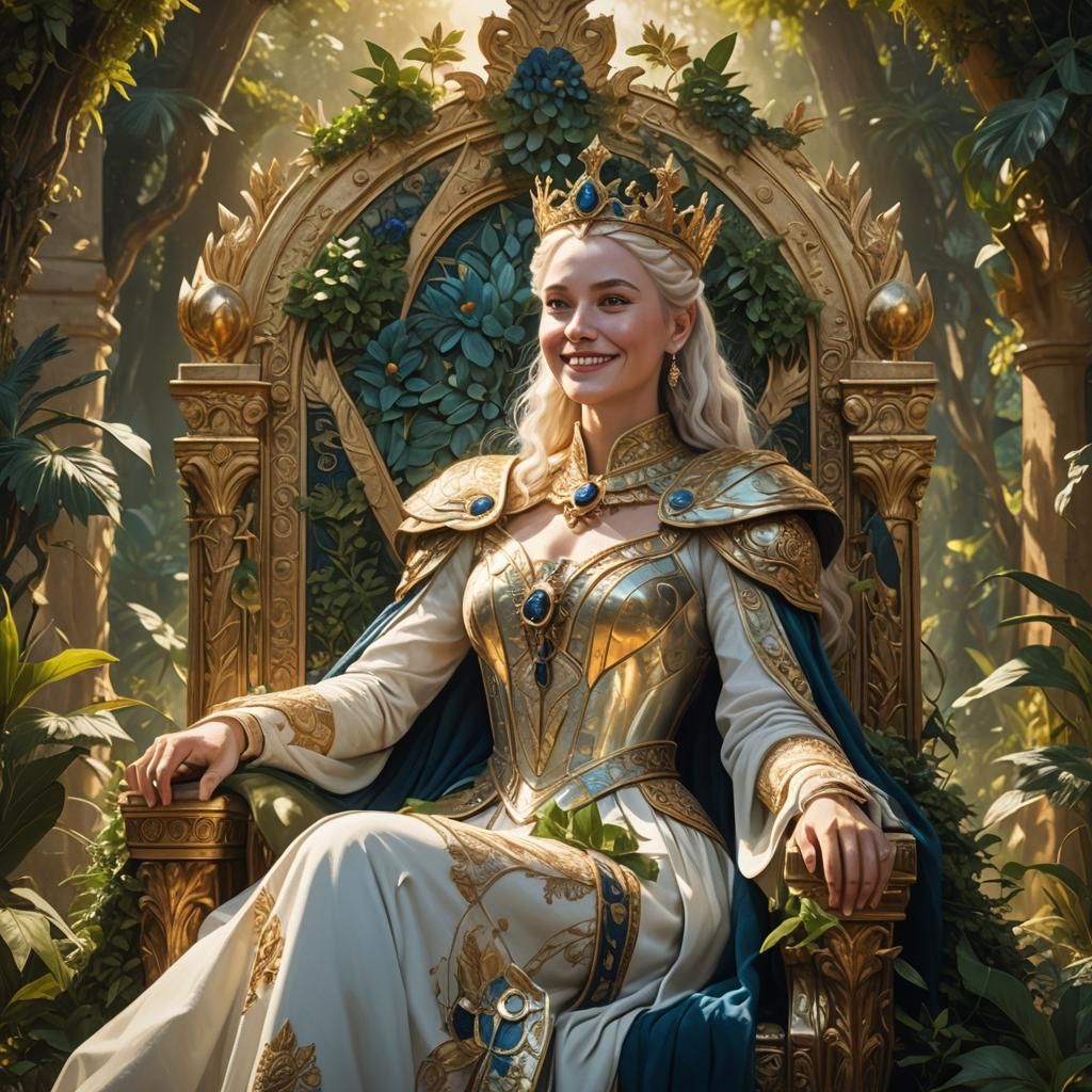 Regal Queen on Throne in Lush Fantasy Art