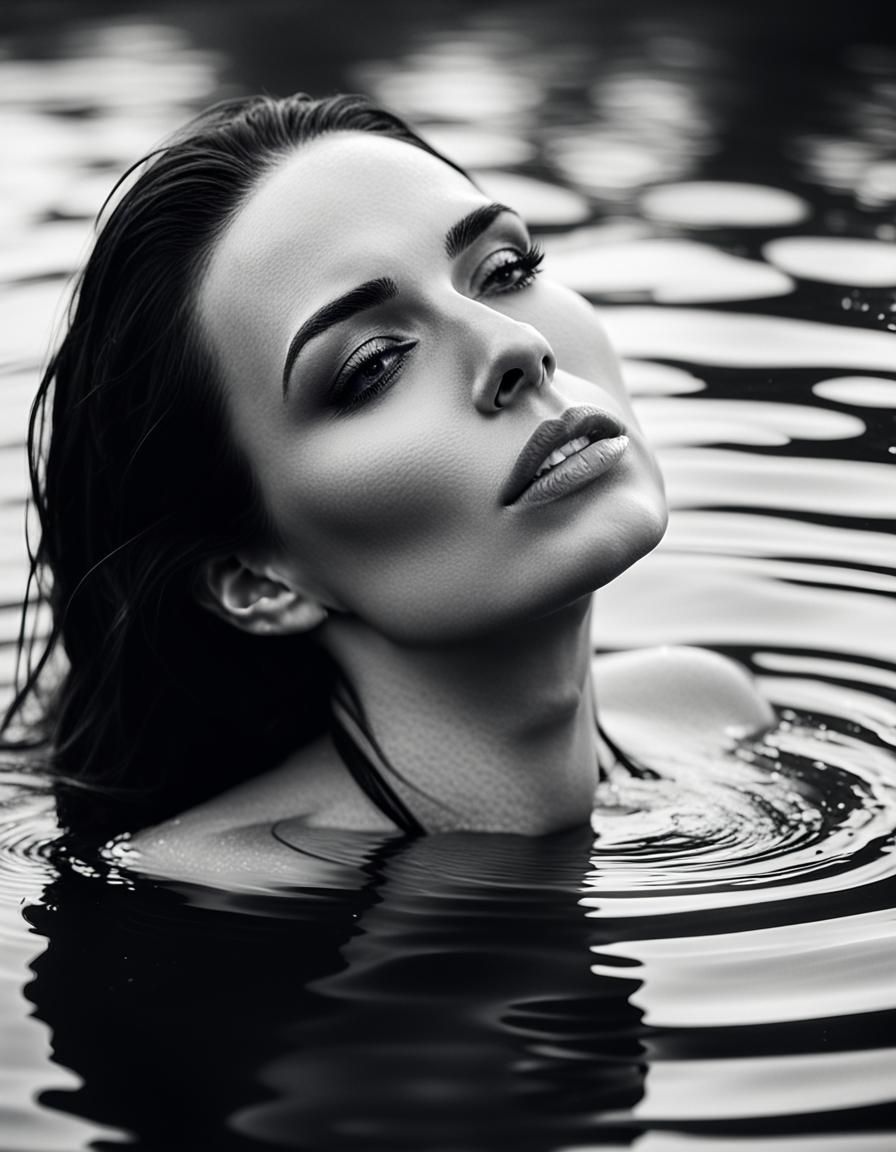 Monochrome Portrait of Woman in Lake as Fashion Photography