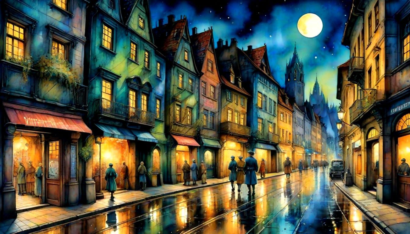 WWII Era German Cityscape at Night in Watercolor