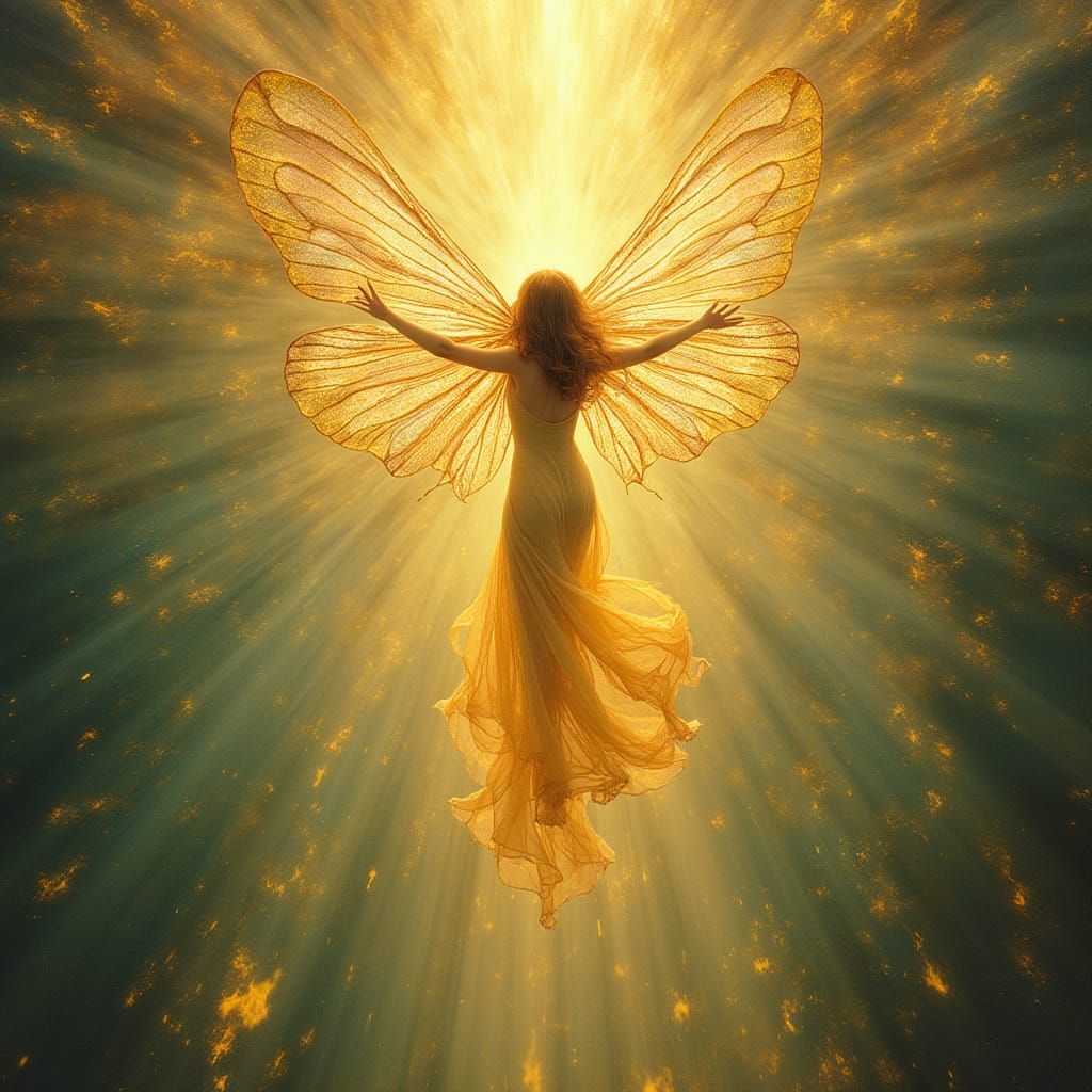 Being of Iridescent Wings Ascends into Radiant Light