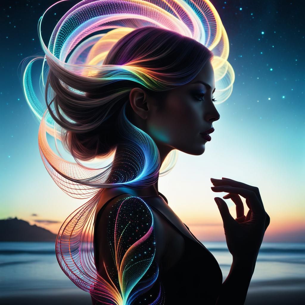 Bioluminescent Woman with Stars in Double Exposure