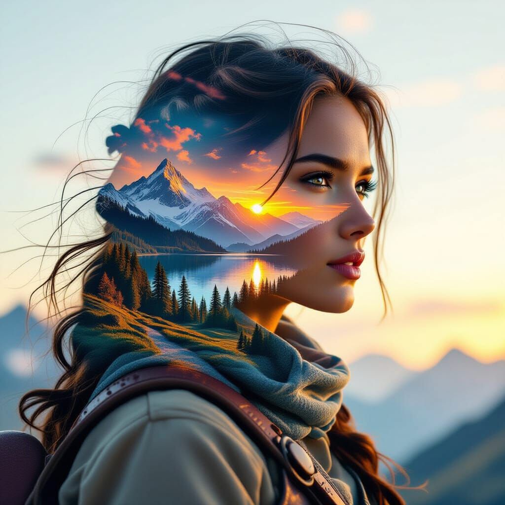 Hype-realistic Double Exposure: Explorer on Horseback with N...