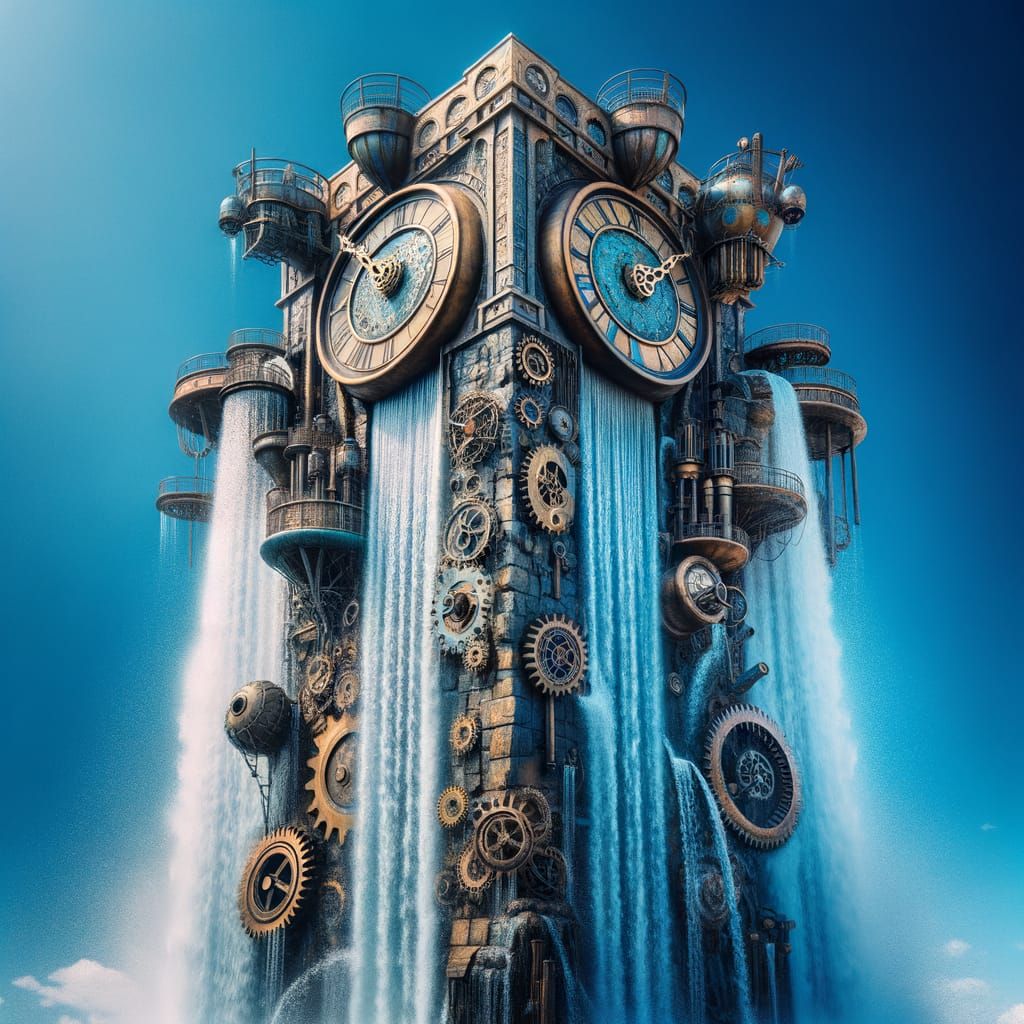 Steampunk Clock Tower Waterfall in Vivid Detail