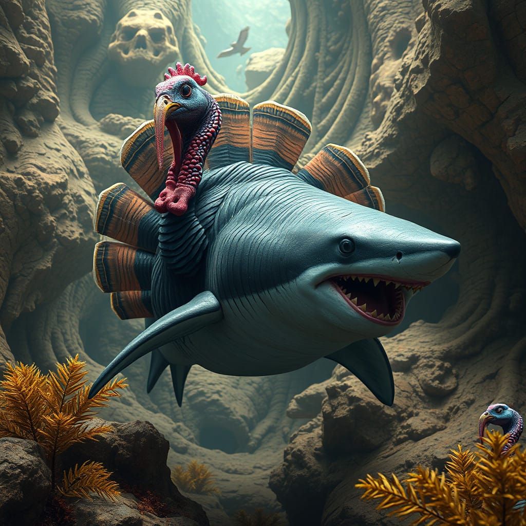 Majestic Shark-Turkey Hybrid in Vibrant Fantasy Environment