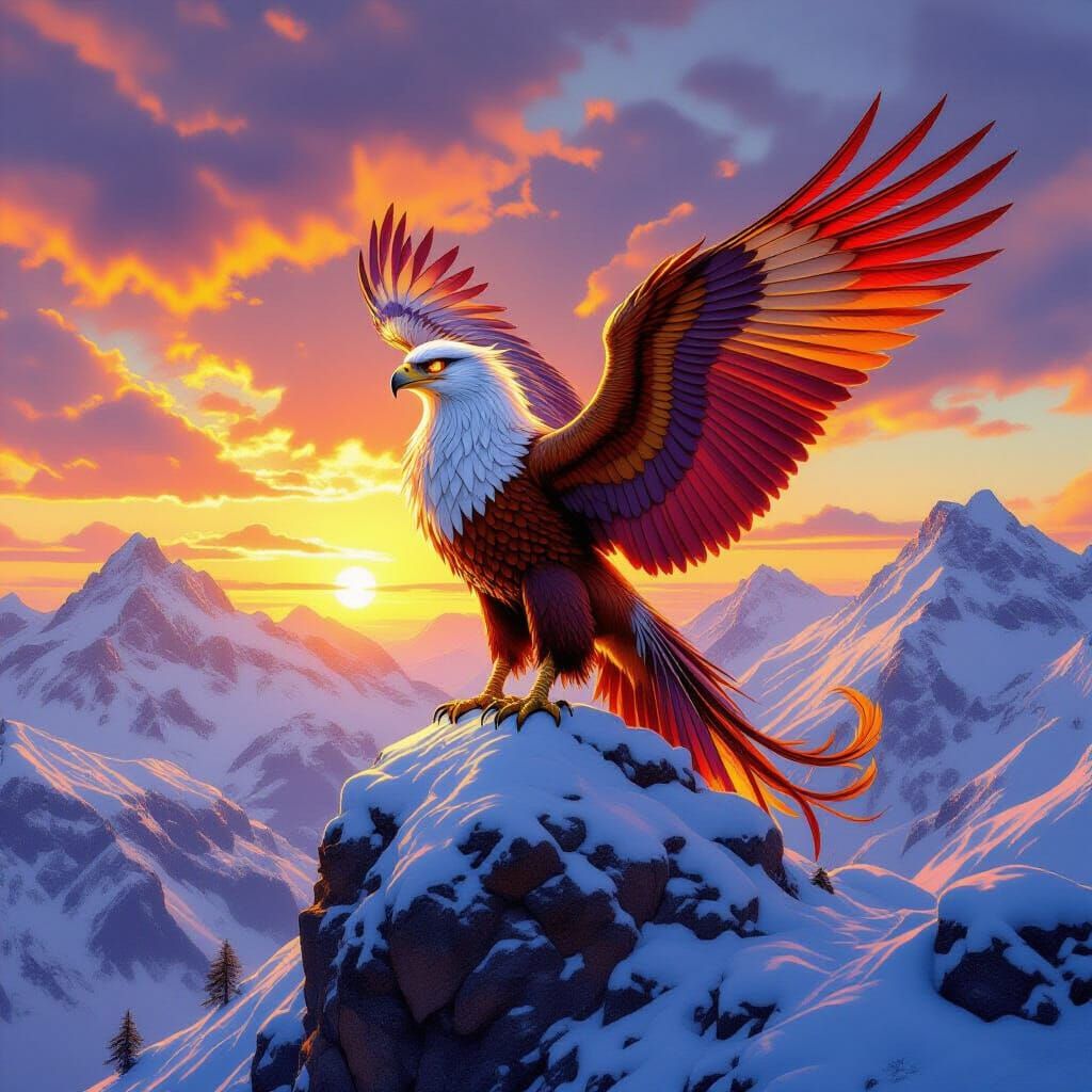 Majestic Griffin on Snowy Peak at Sunset
