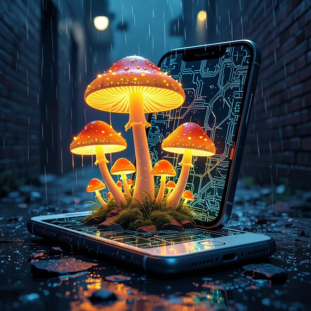 Bioluminescent Mushrooms in Shattered Smartphone, Moody Styl...