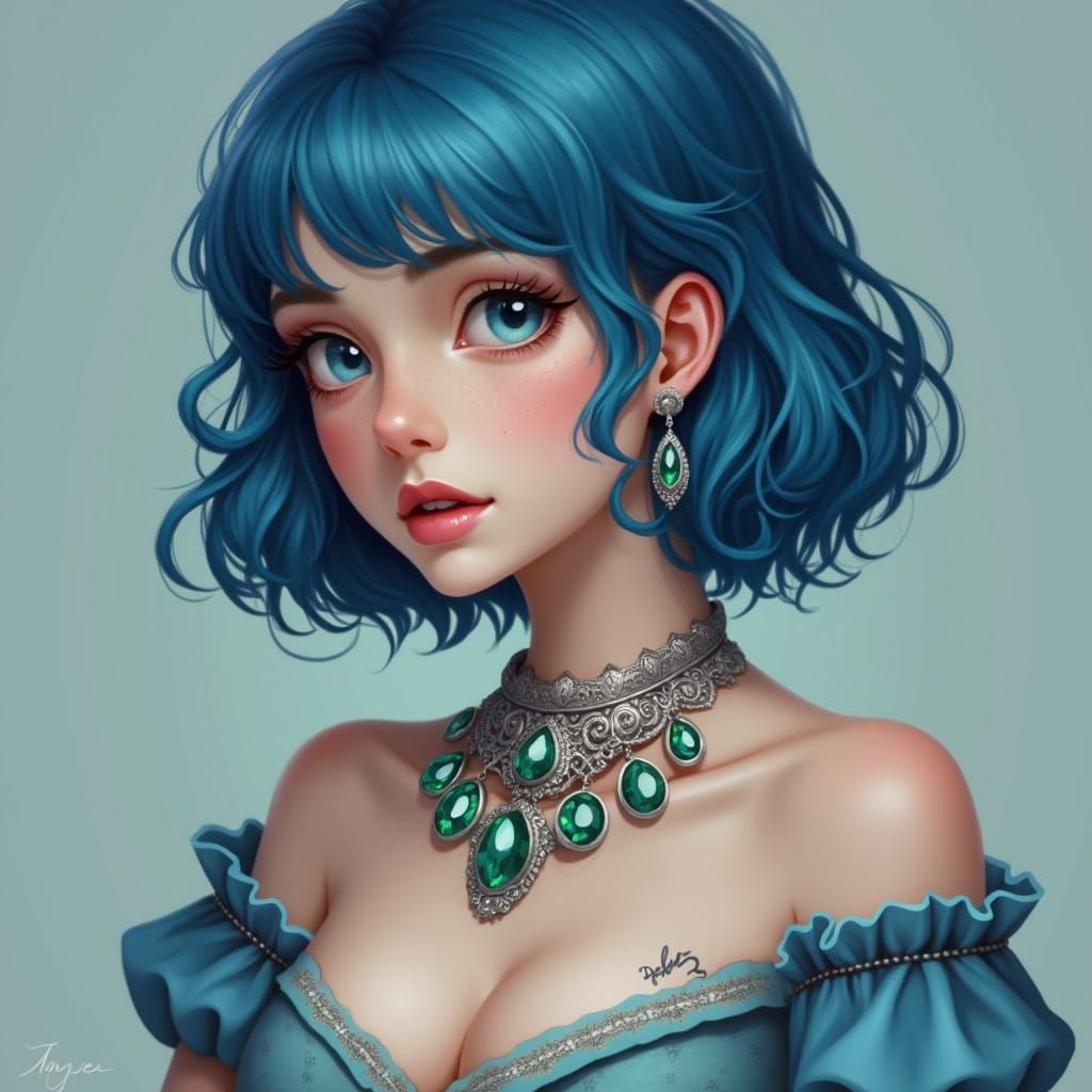 Enchanting Digital Portrait of a Young Woman in Vibrant Blue