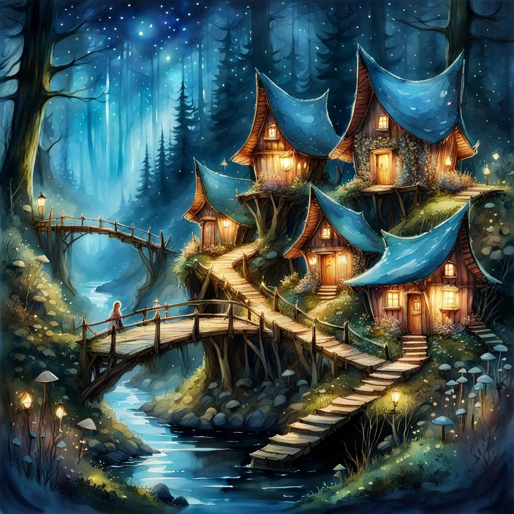 Fairy Village in Magical Forest: Watercolor Illustration