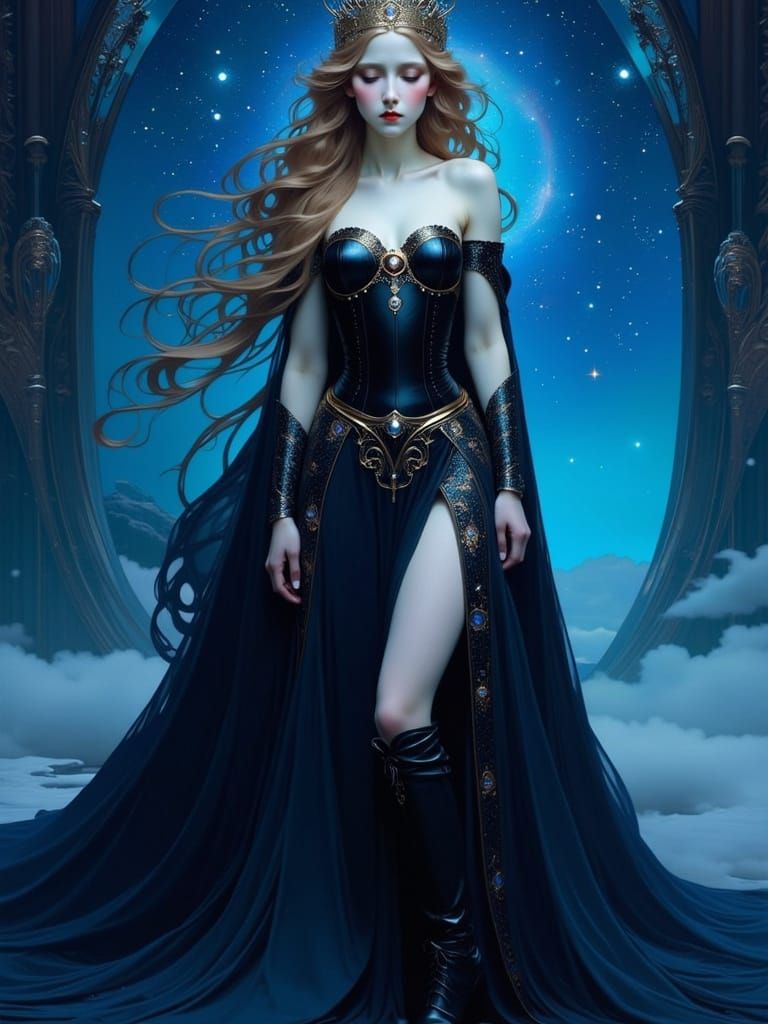 Beautiful Queen in Dark Fantasy Armor Under Starry Sky