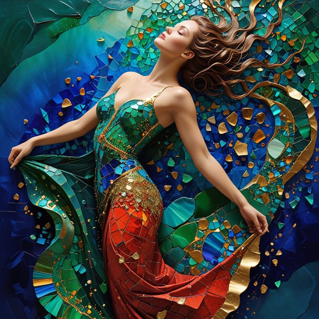 Klimt Inspired Woman Silhouette in Sea Glass Mosaic