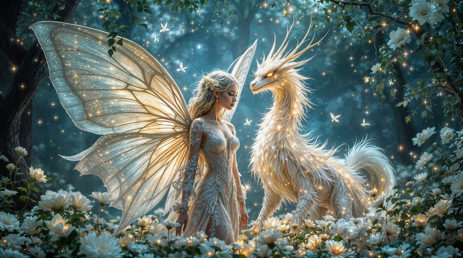 Whimsical Fairy and Gryphon in Enchanted Forest