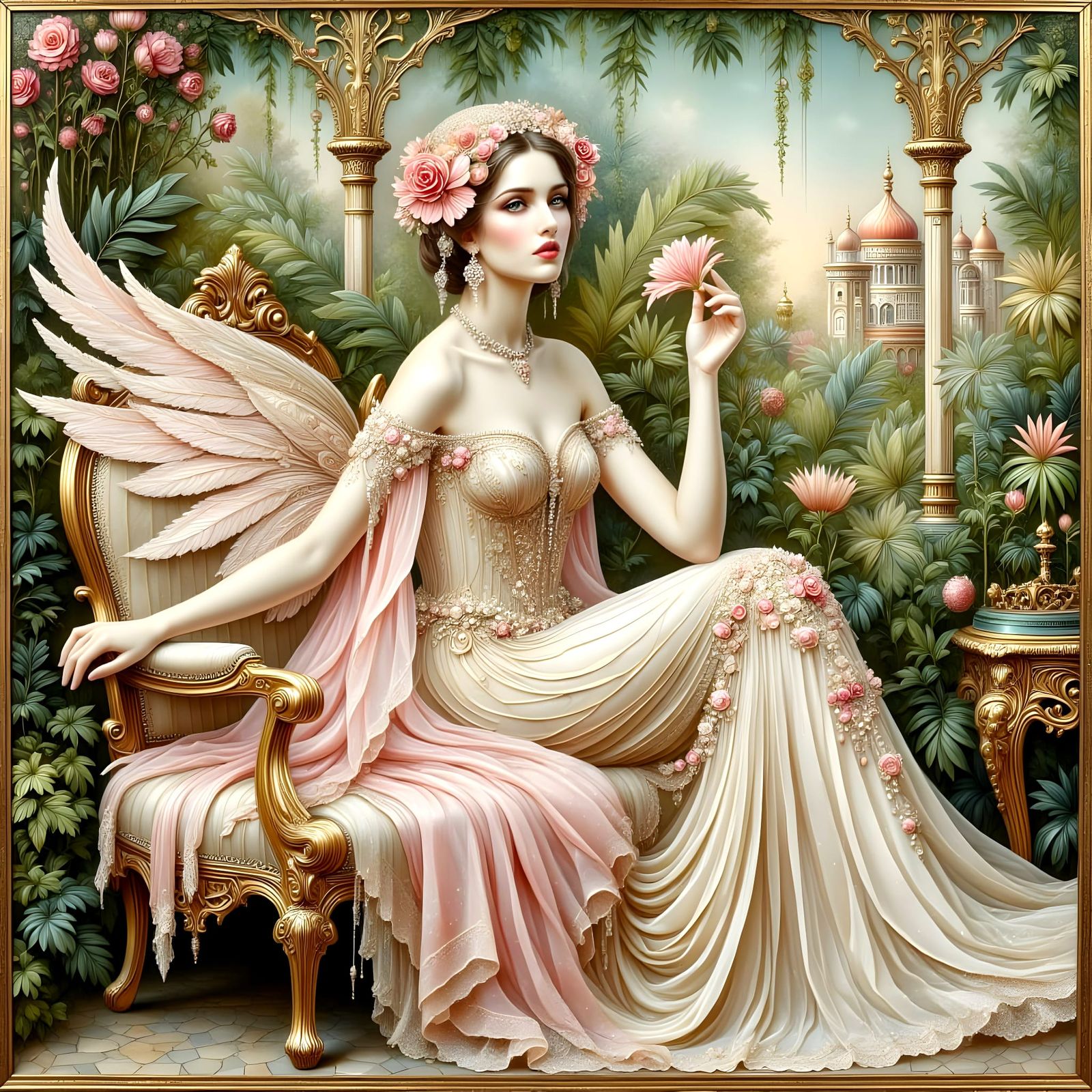 Woman Elf in Garden, Klimt and Art Deco Style