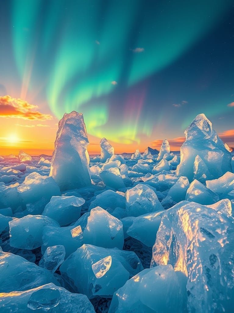 Fantasy Ice Field with Crystal Spires Under Prismatic Sky