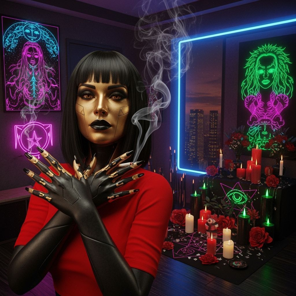 Cybernetic Woman with Gold Skin in Neon Cityscape