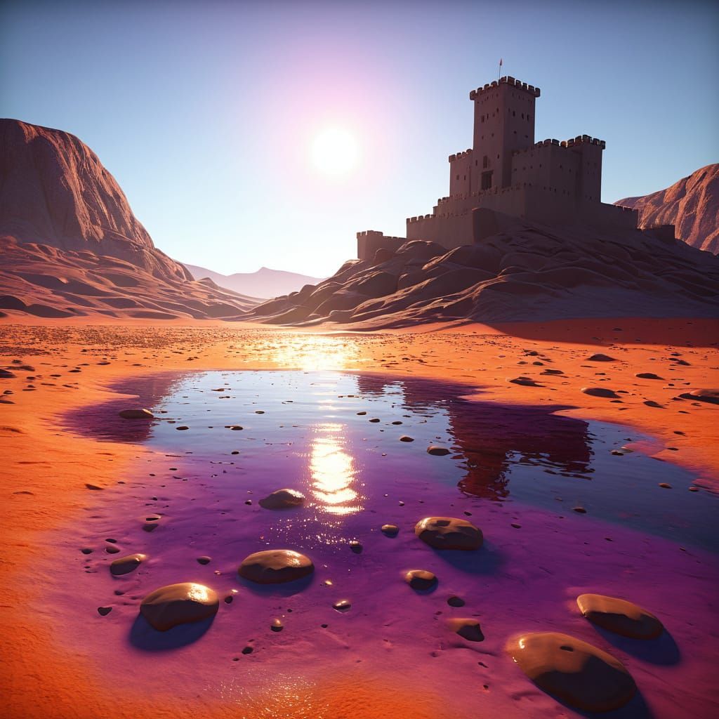 Surreal Desert Castle in Vibrant Sunset Colors