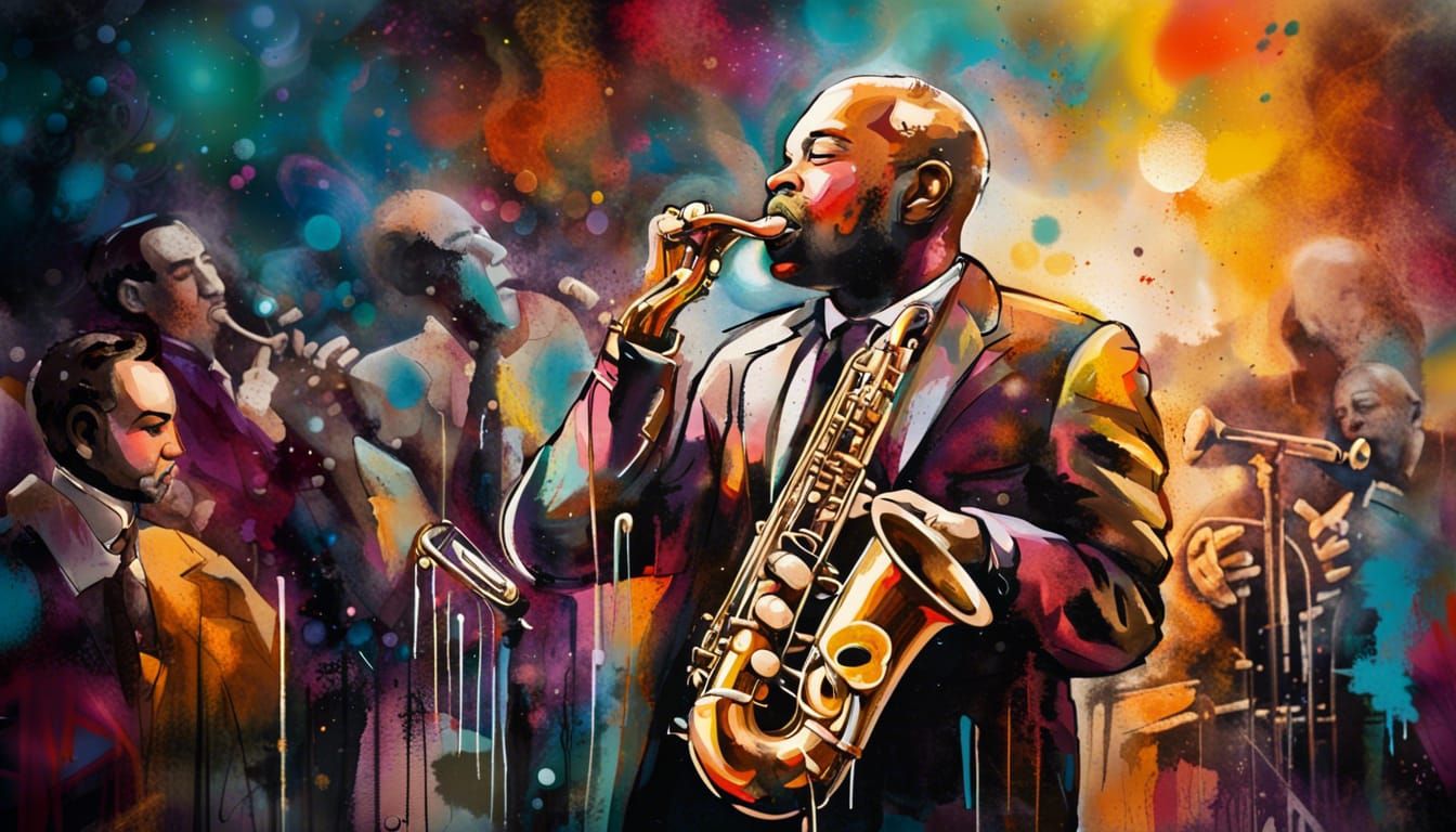 Saxophonist on Stage in Graffiti Art Style