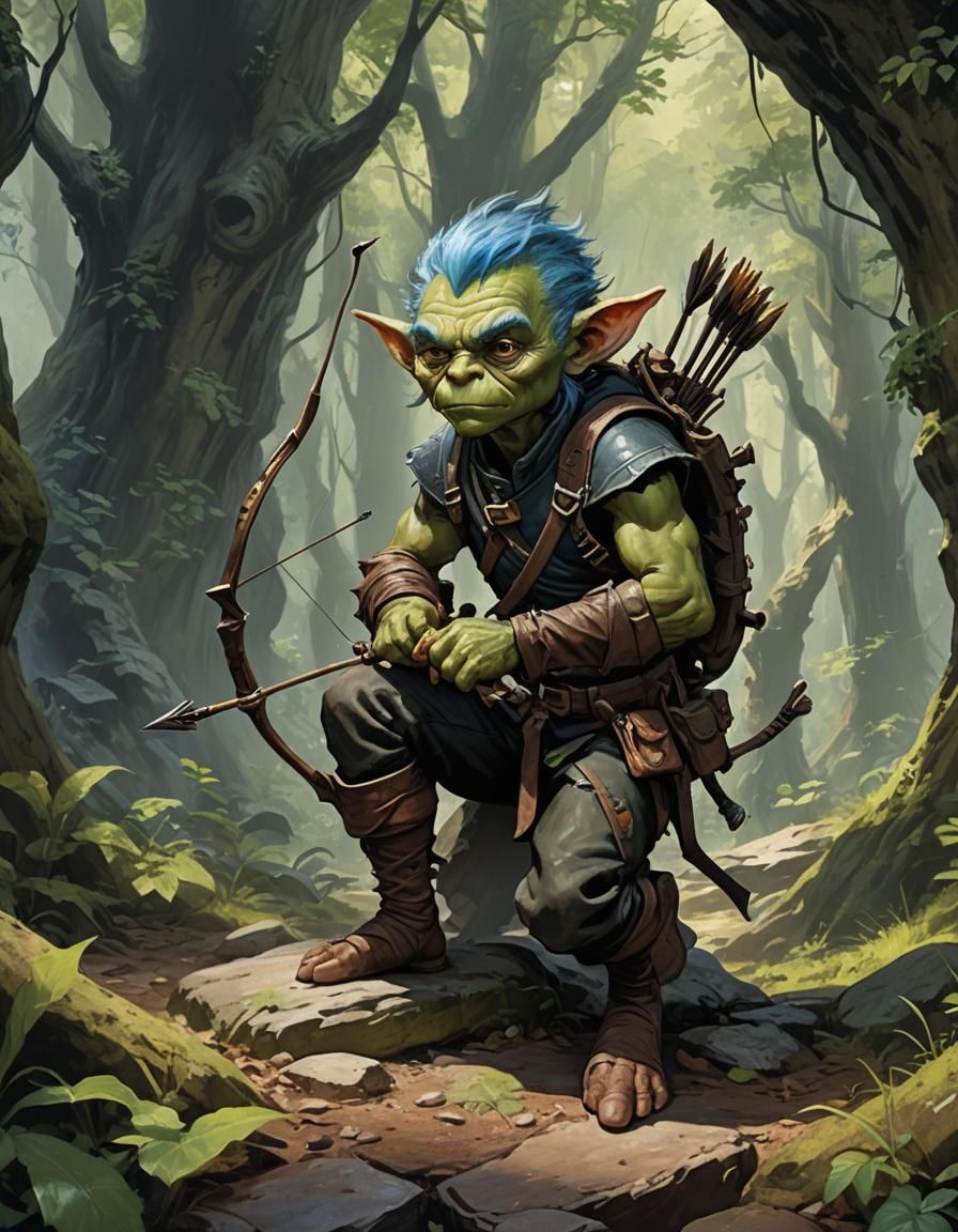 Goblin Archer in Forest Cave, Detailed Matte Painting