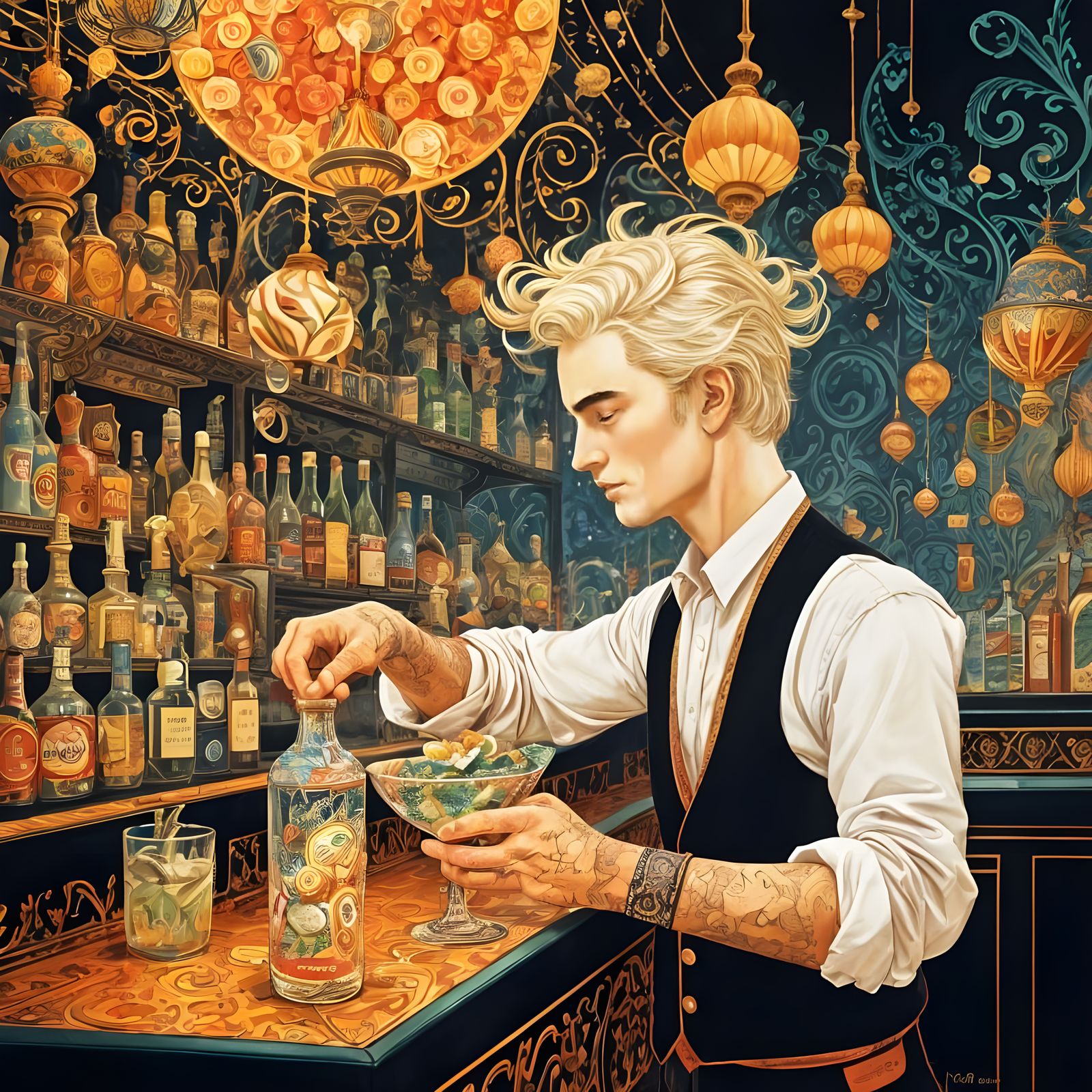 Vibrant Budapest Bartender in Whimsical Watercolor Style