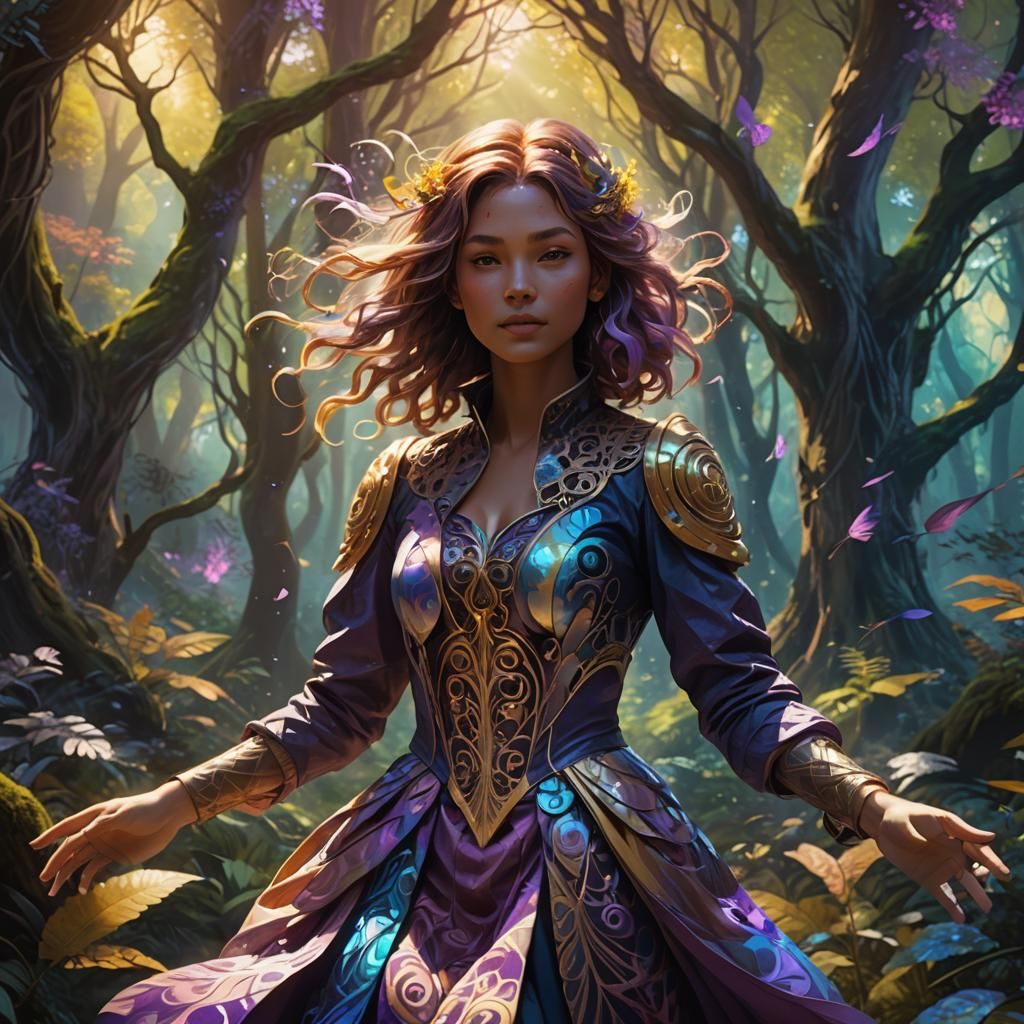 Girl Surrounded by Colors in Mystical Forest