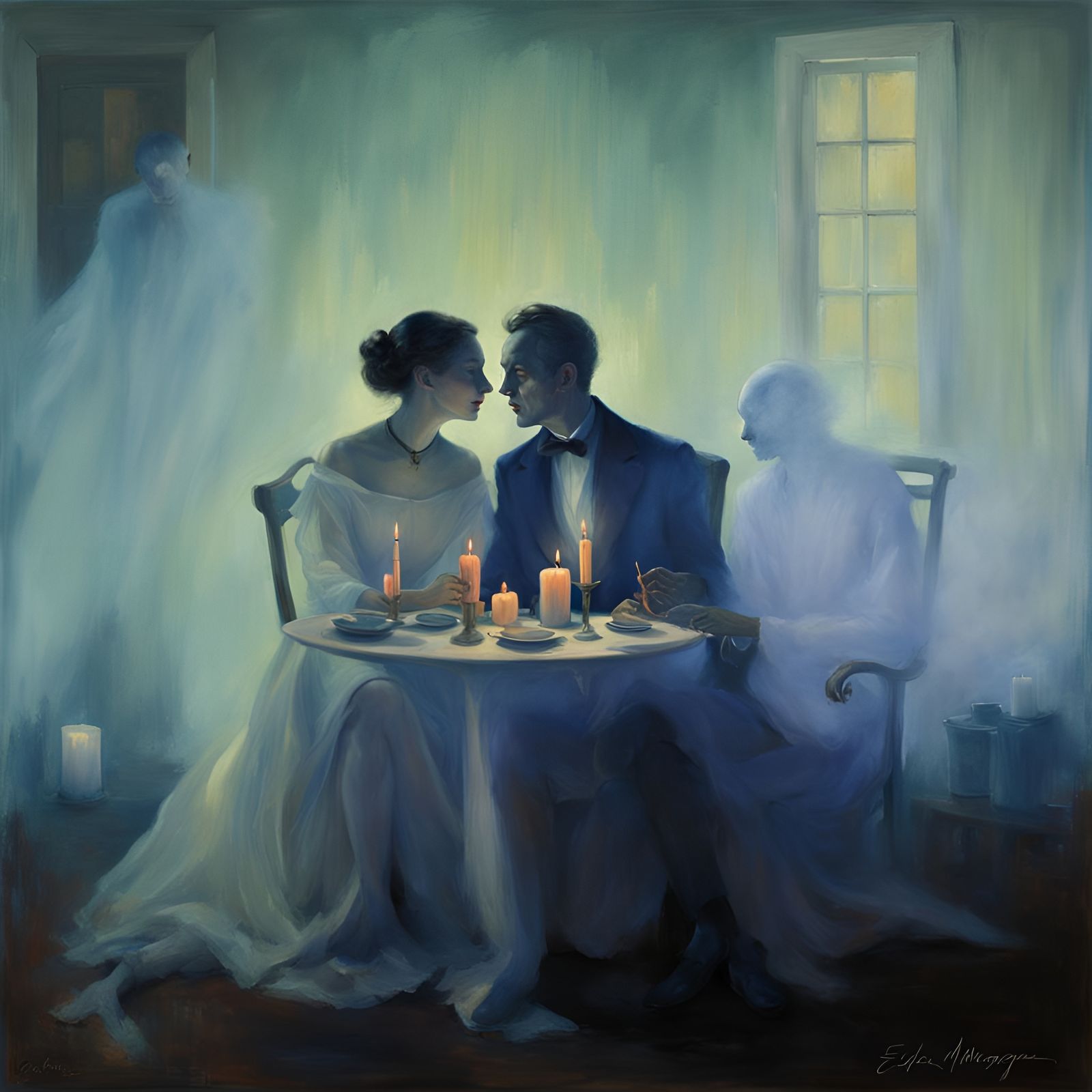 Romantic Ghost Couple's Candlelit Dinner, Art Nouveau Style
