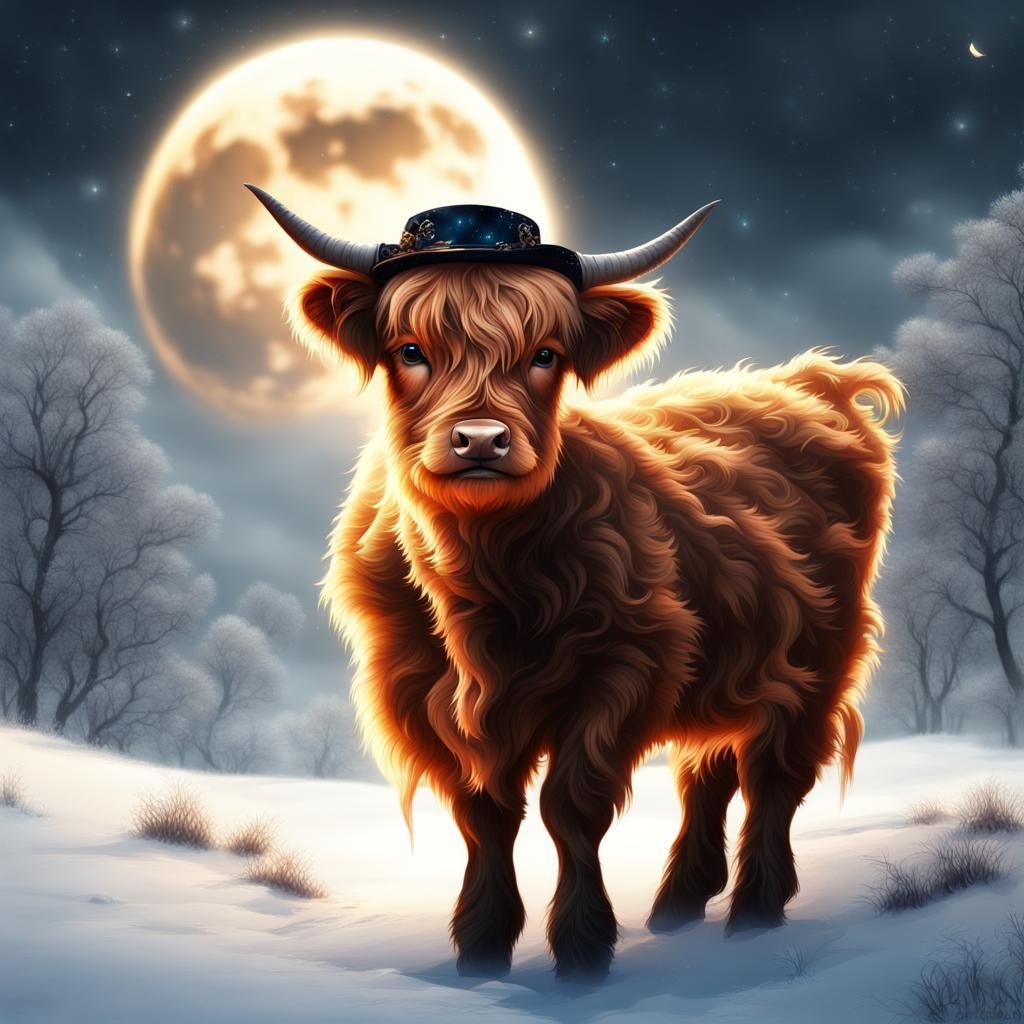 Scottish highland calf standing in the moonlight