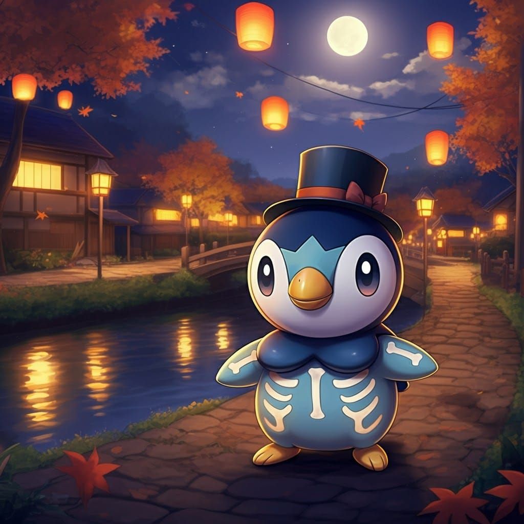 Piplup in Halloween Costume, Japanese Watercolor Style