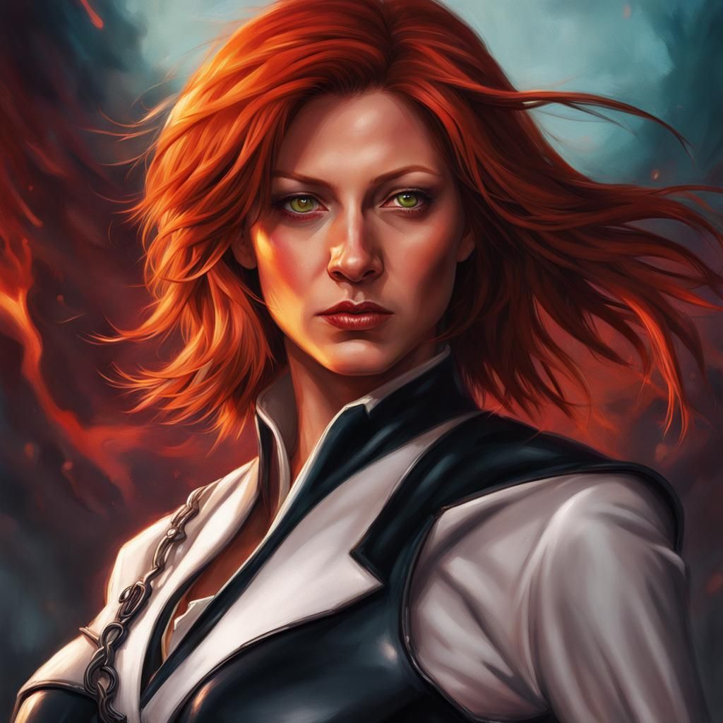 Fiery Red-Haired Witch Portrait in Splash Art Style
