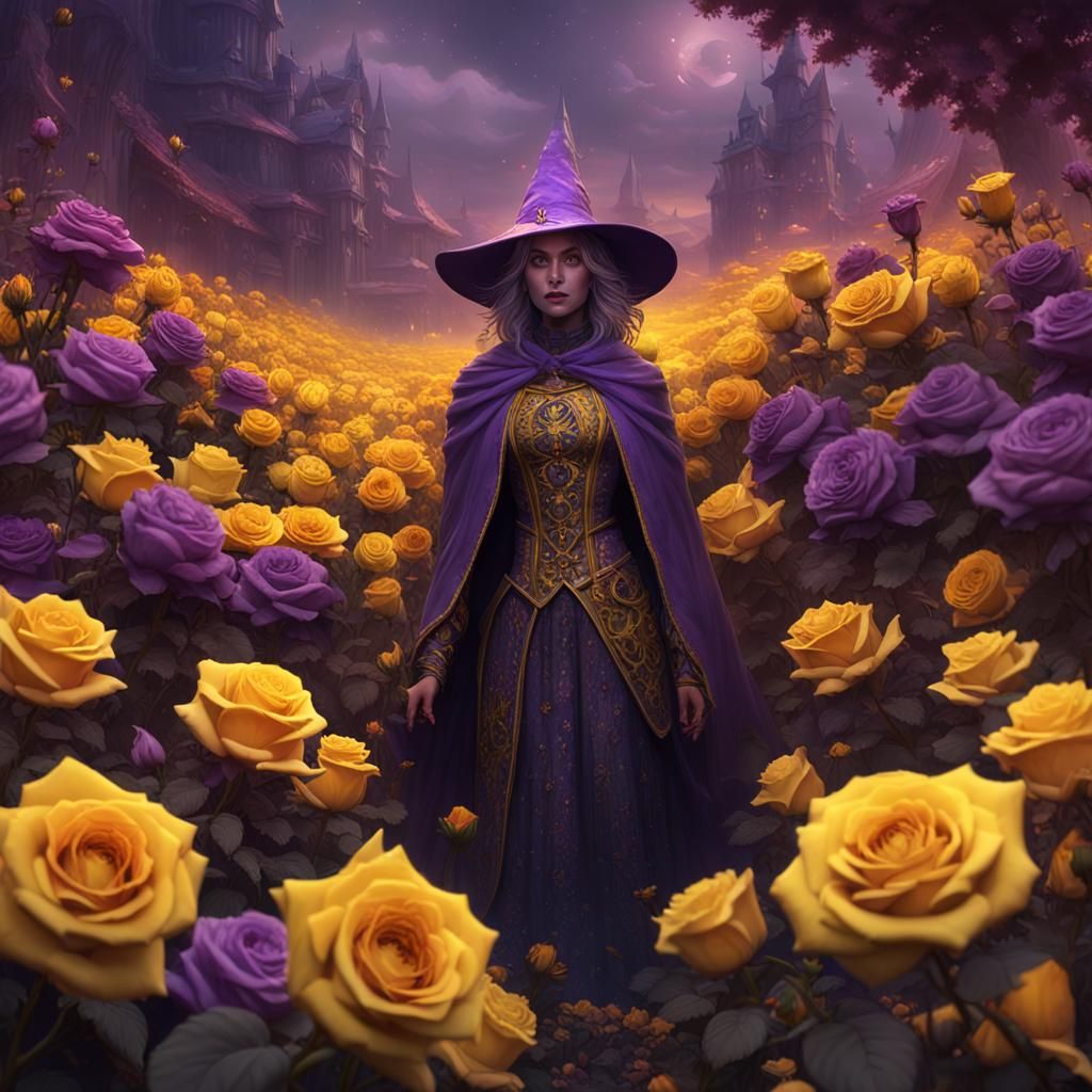 Yellow Witch in Rose Garden, Dark Fantasy Art
