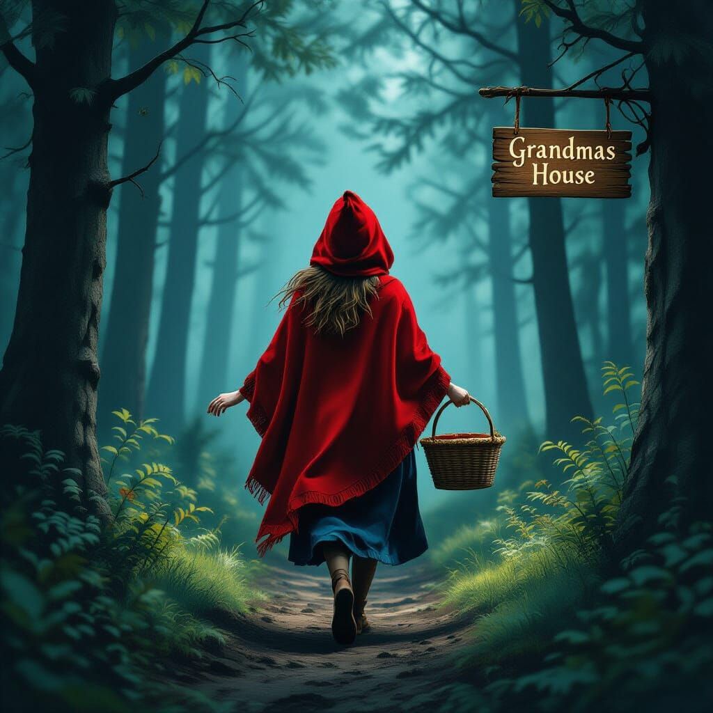 Woman in Red Poncho Skips Through Dark Forest