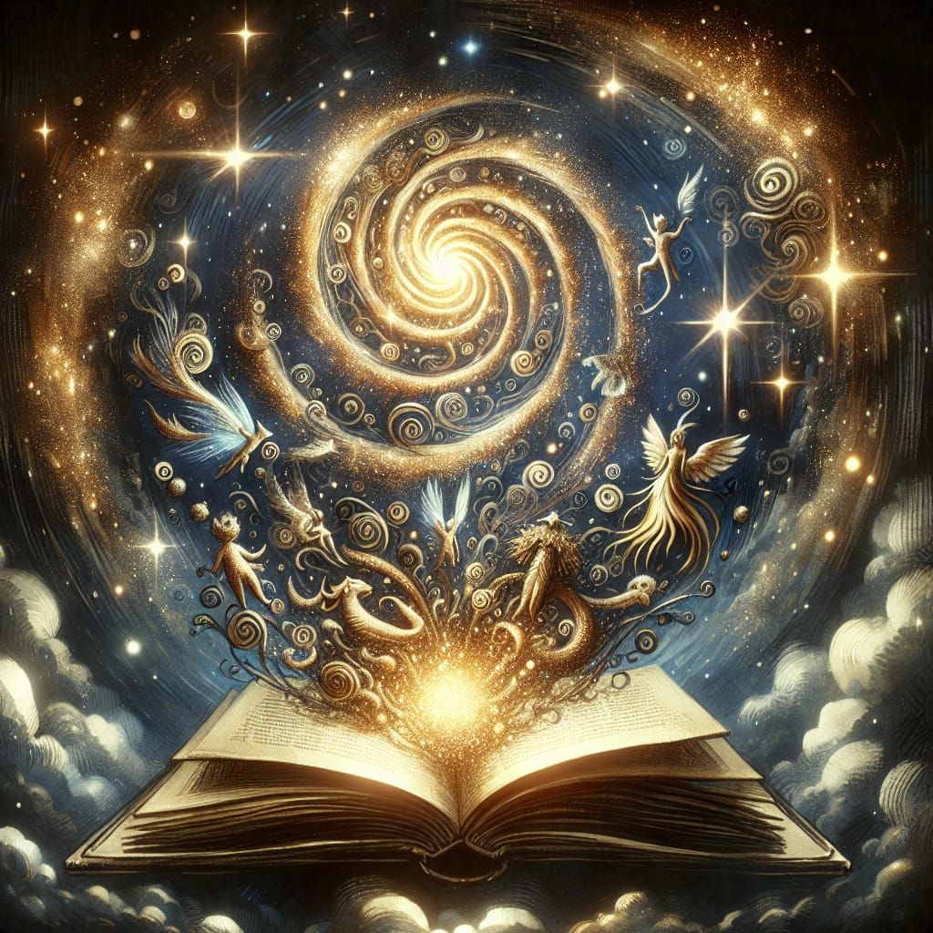 Fantastical, otherworldly and abstract inkwash illustration in the style of fantasy concept art. An open storybook float...