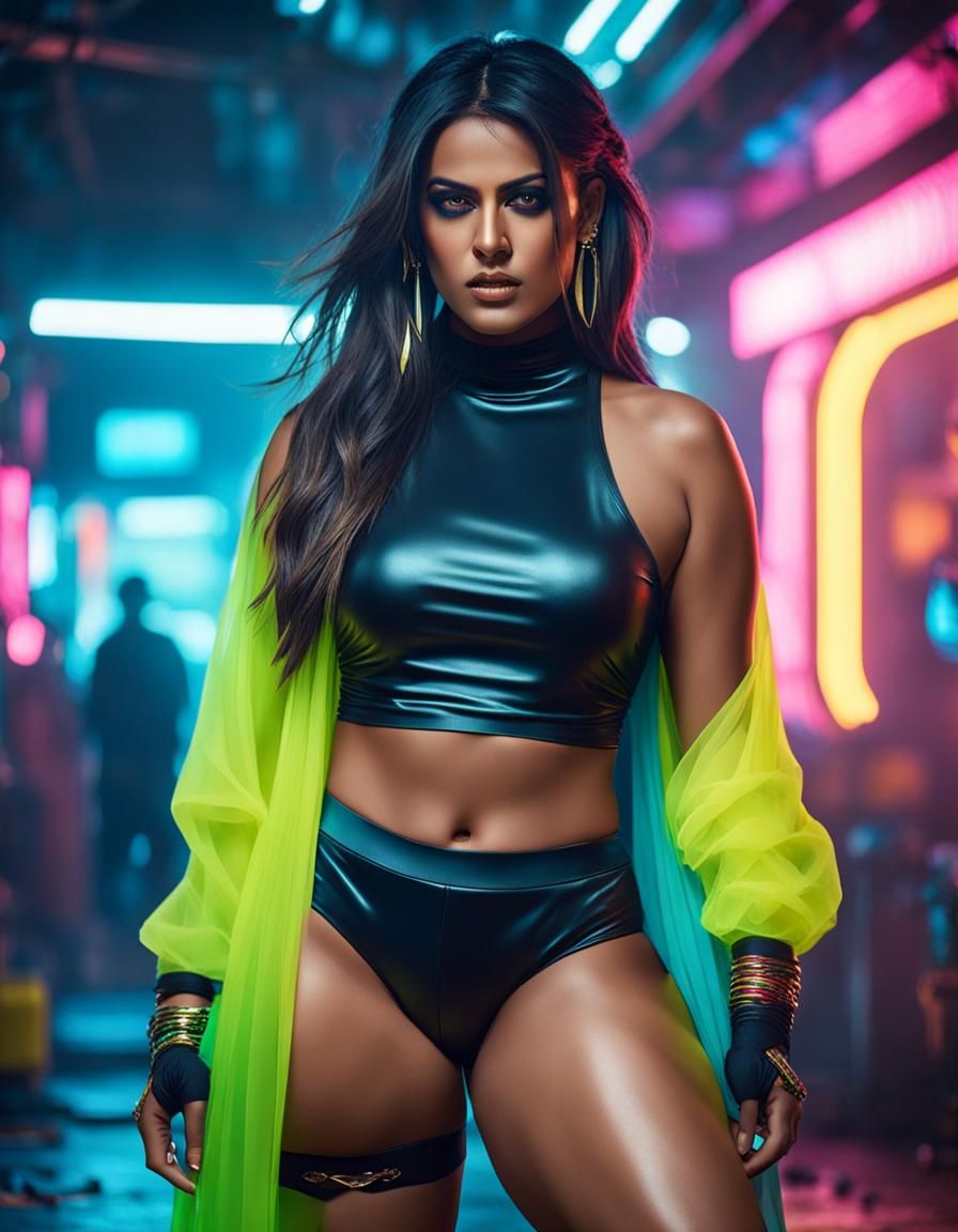 Cyberpunk Indian Goddess with Curvy Figure and Neon Bloomers