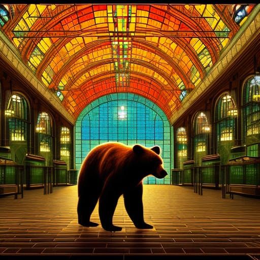 Bear at Paddington Station in Stained Glass Style