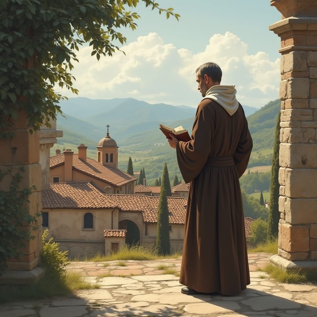 St. Thomas Aquinas in a Serene Italian Courtyard