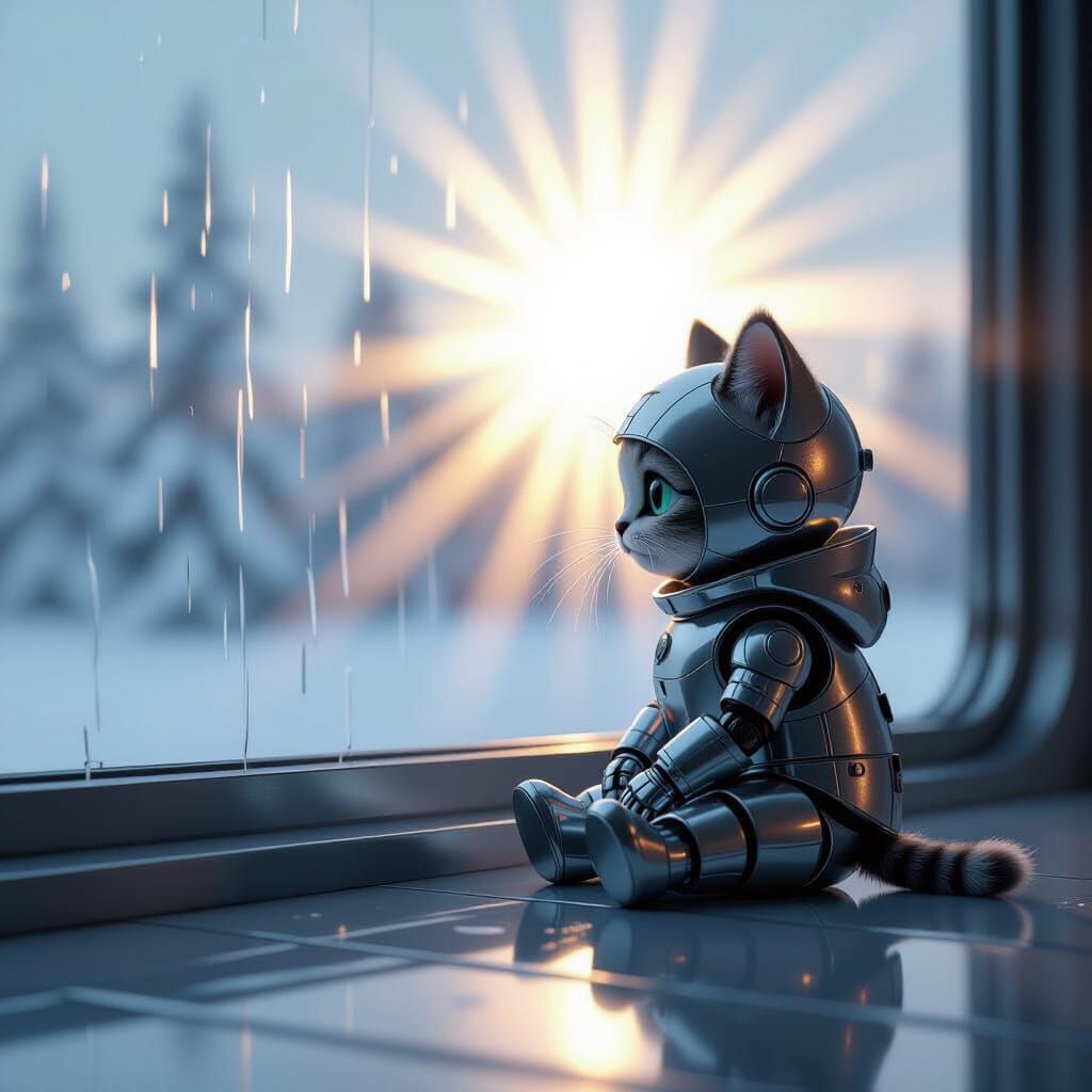 Melancholic Robot Kitten Gazing in Rainy Pixar-Style Scene