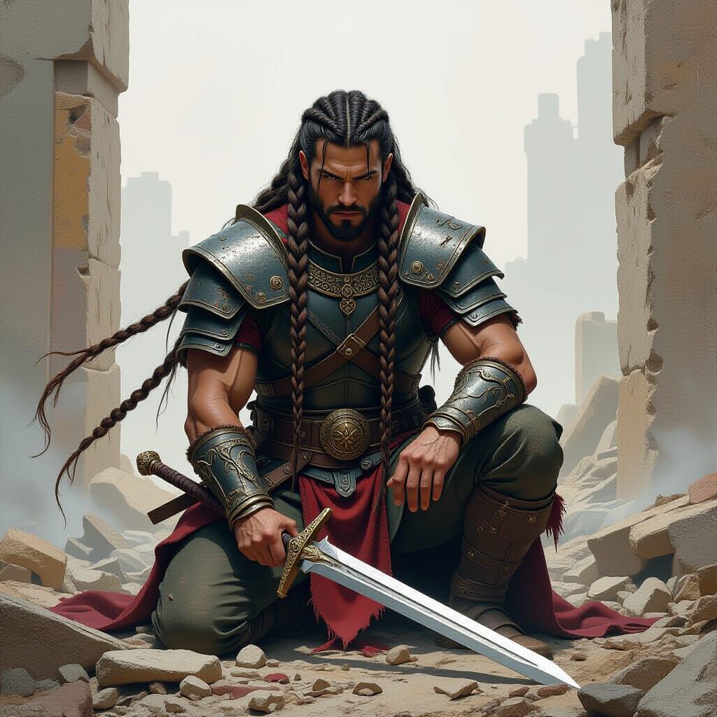 A fierce warrior with long braids kneels amidst debris, wiel...
