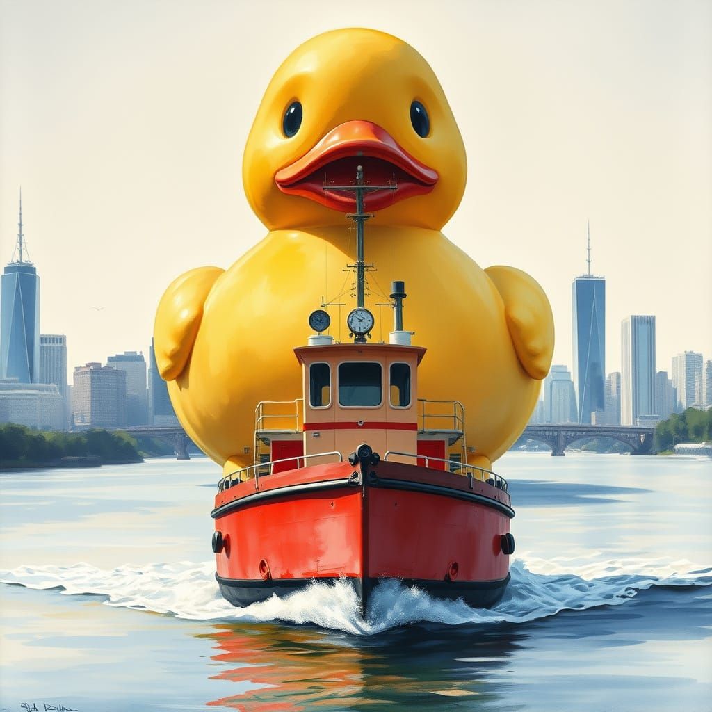 Red Tugboat Chases Massive Rubber Duck Across Epic City Skyl...