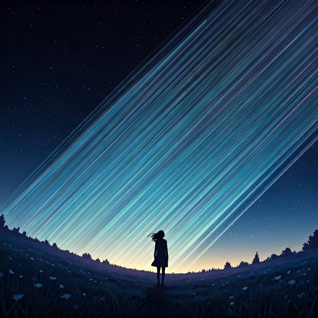 A Woman in Cosmic Holographic Stripes Under the Starry Night...