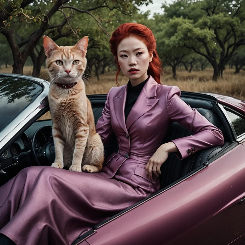 Woman in Plum Car with Mutant Cat, Photorealistic